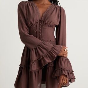 Lulus Ayaana Brown Long Sleeve Tiered Mini Dress - Size L